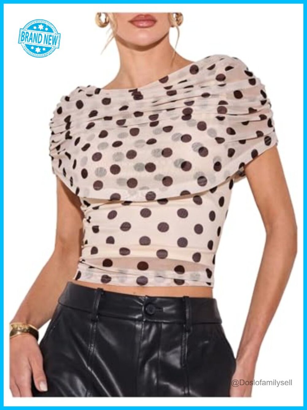 Polka Dots Ruched Mesh Draped Blouse Women Dressy Casual Going Out Top